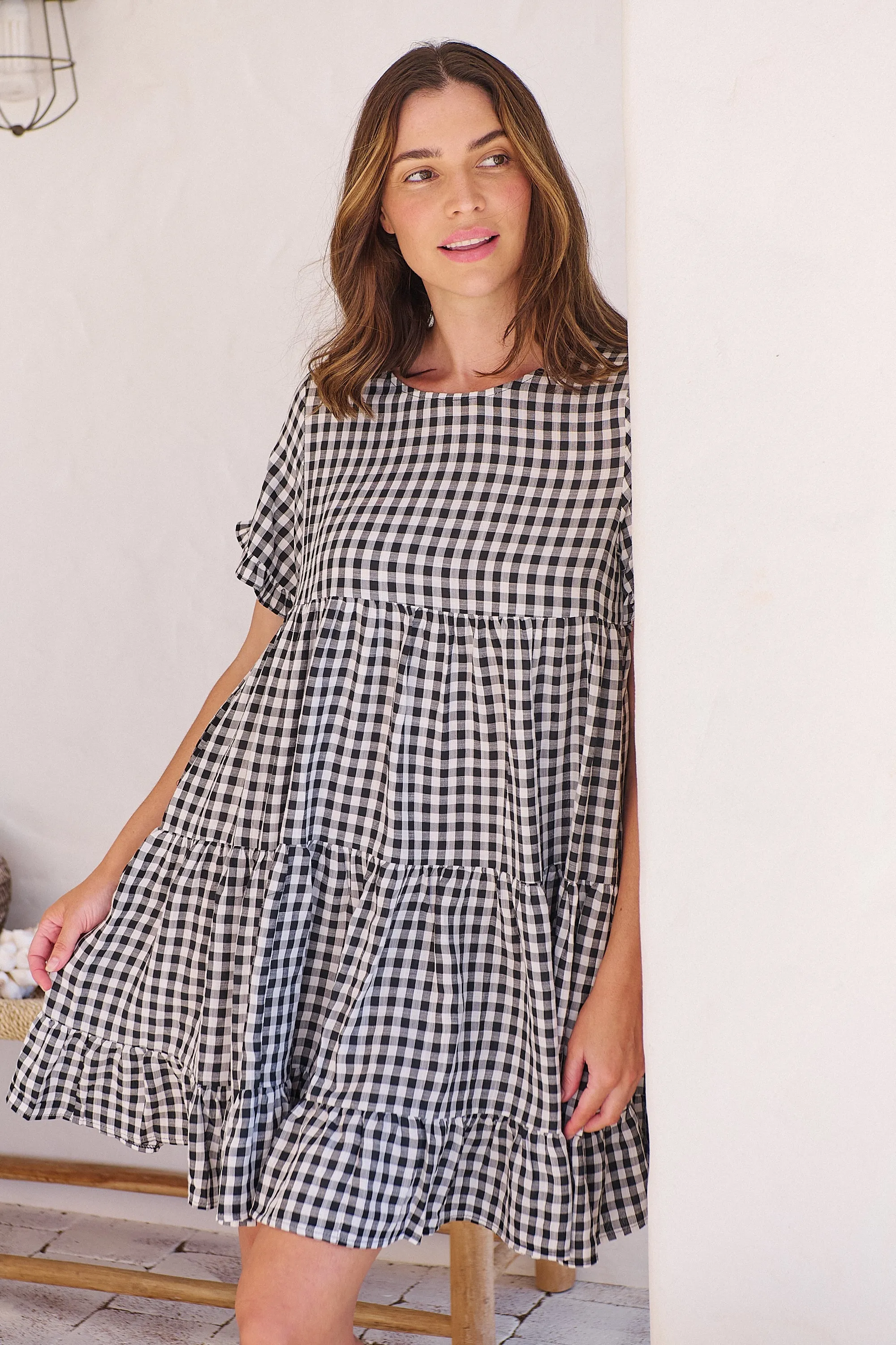 Dani White/Black Gingham Print Smock Dress