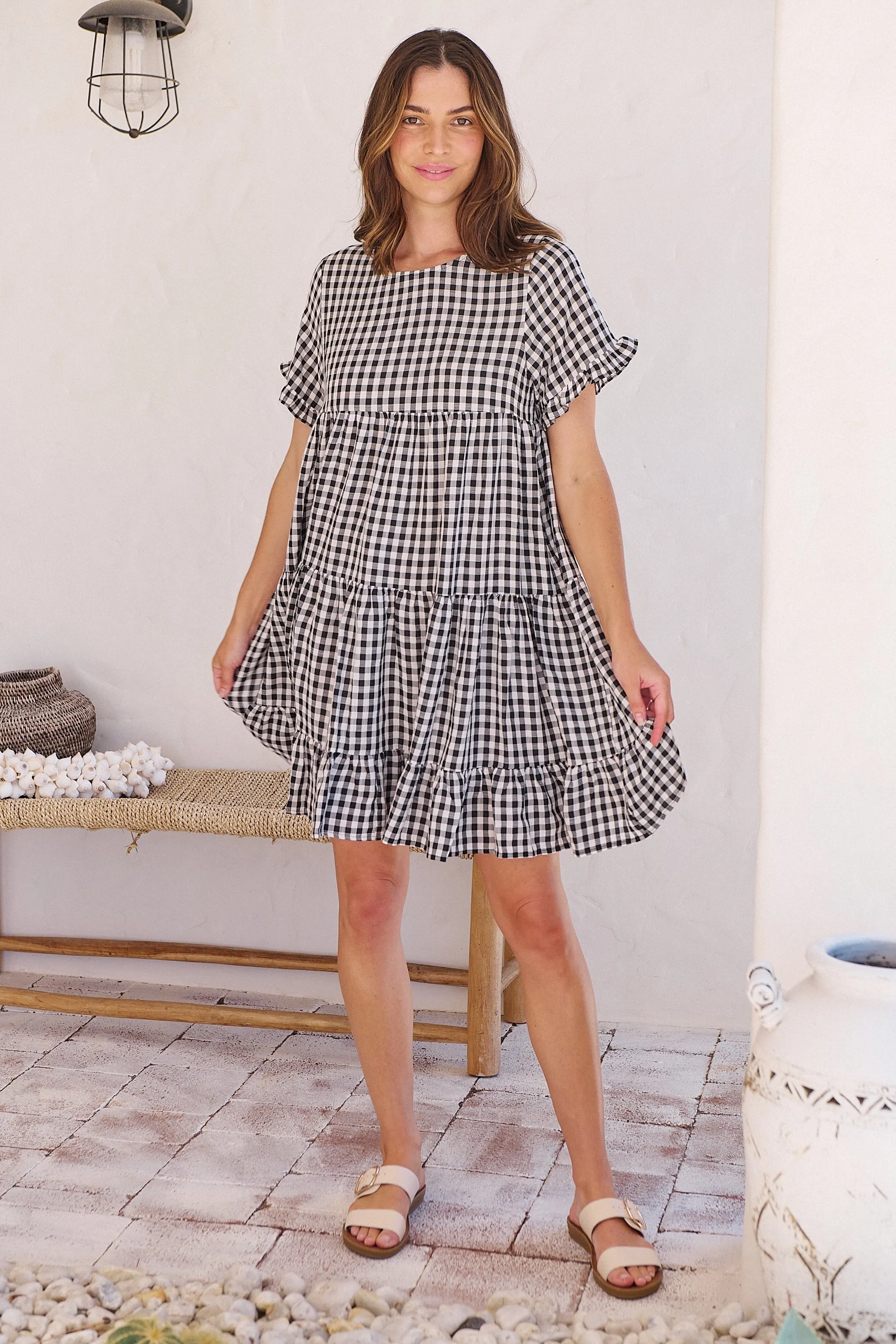 Dani White/Black Gingham Print Smock Dress