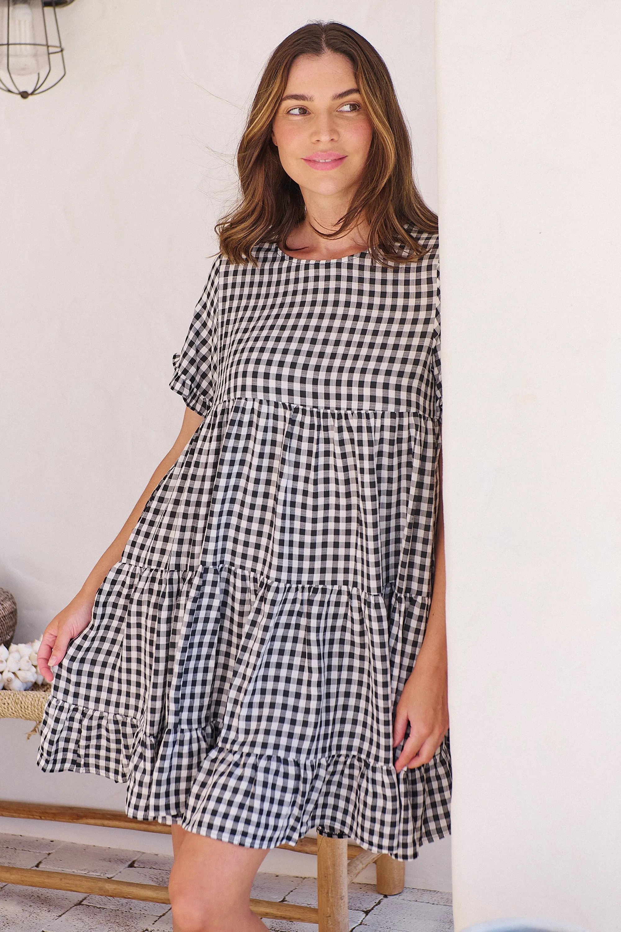 Dani White/Black Gingham Print Smock Dress