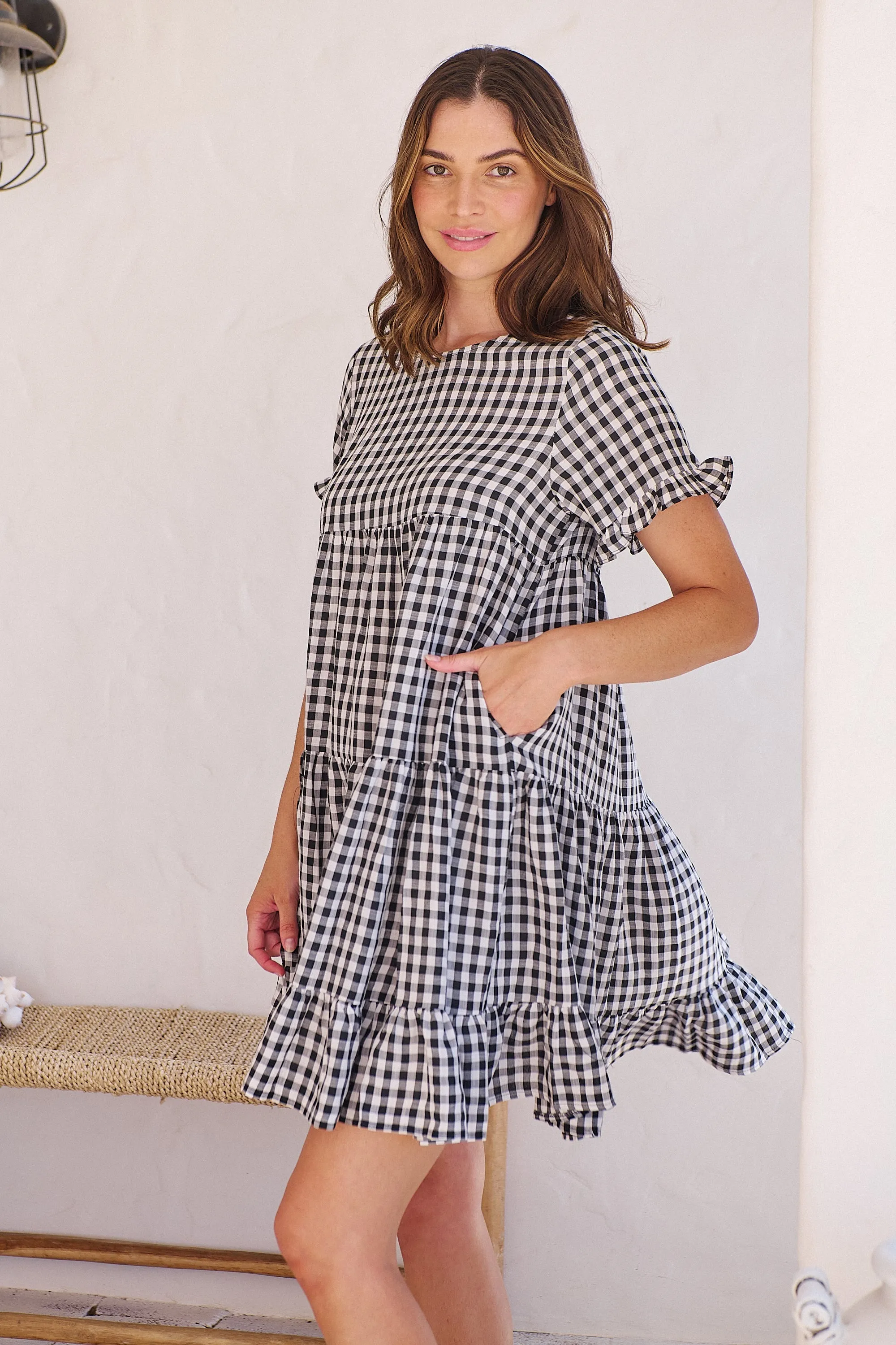 Dani White/Black Gingham Print Smock Dress