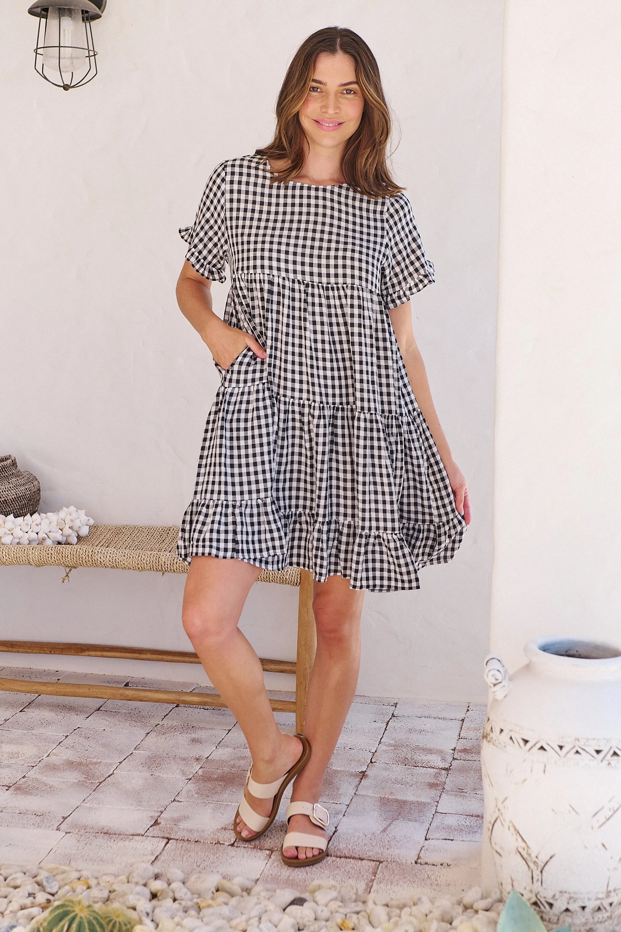 Dani White/Black Gingham Print Smock Dress