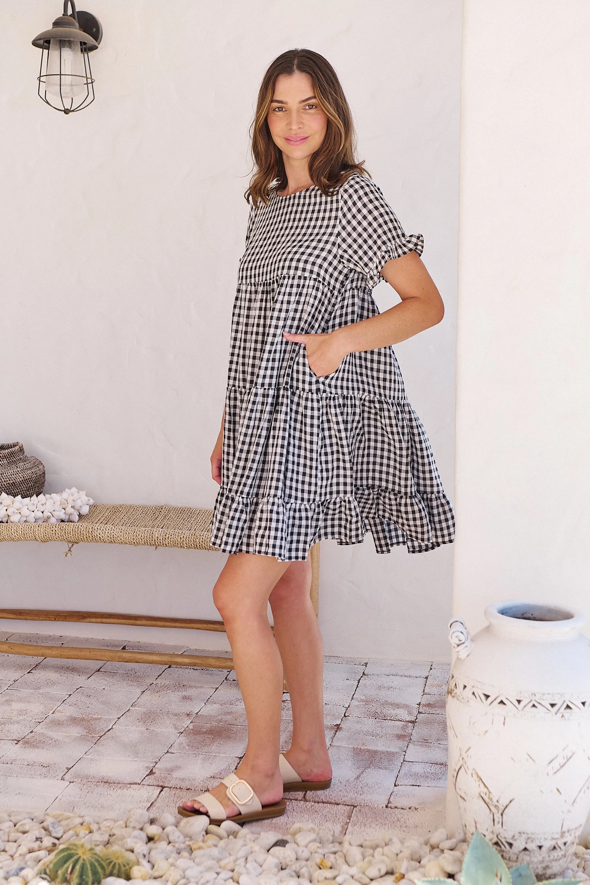 Dani White/Black Gingham Print Smock Dress