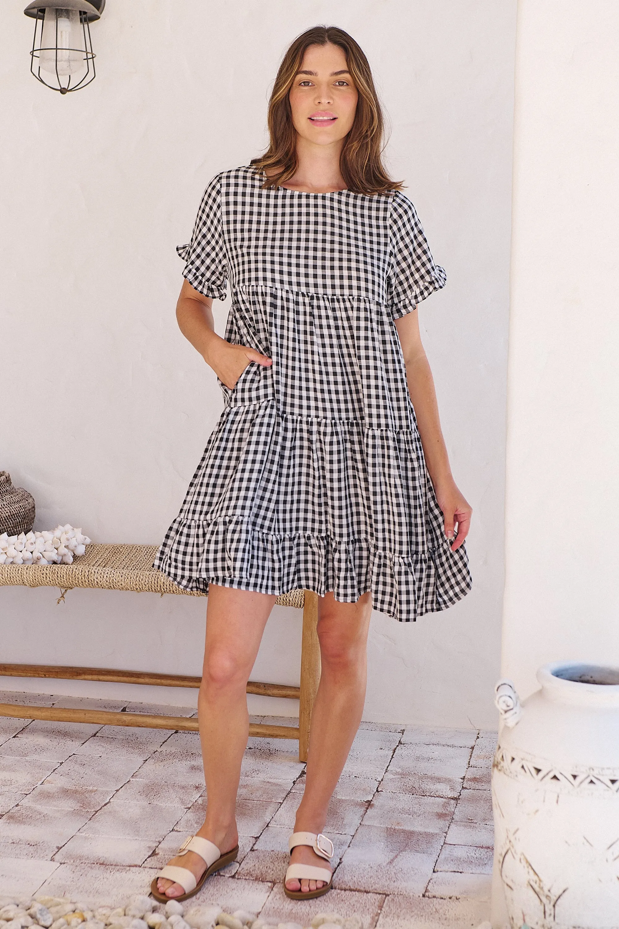 Dani White/Black Gingham Print Smock Dress