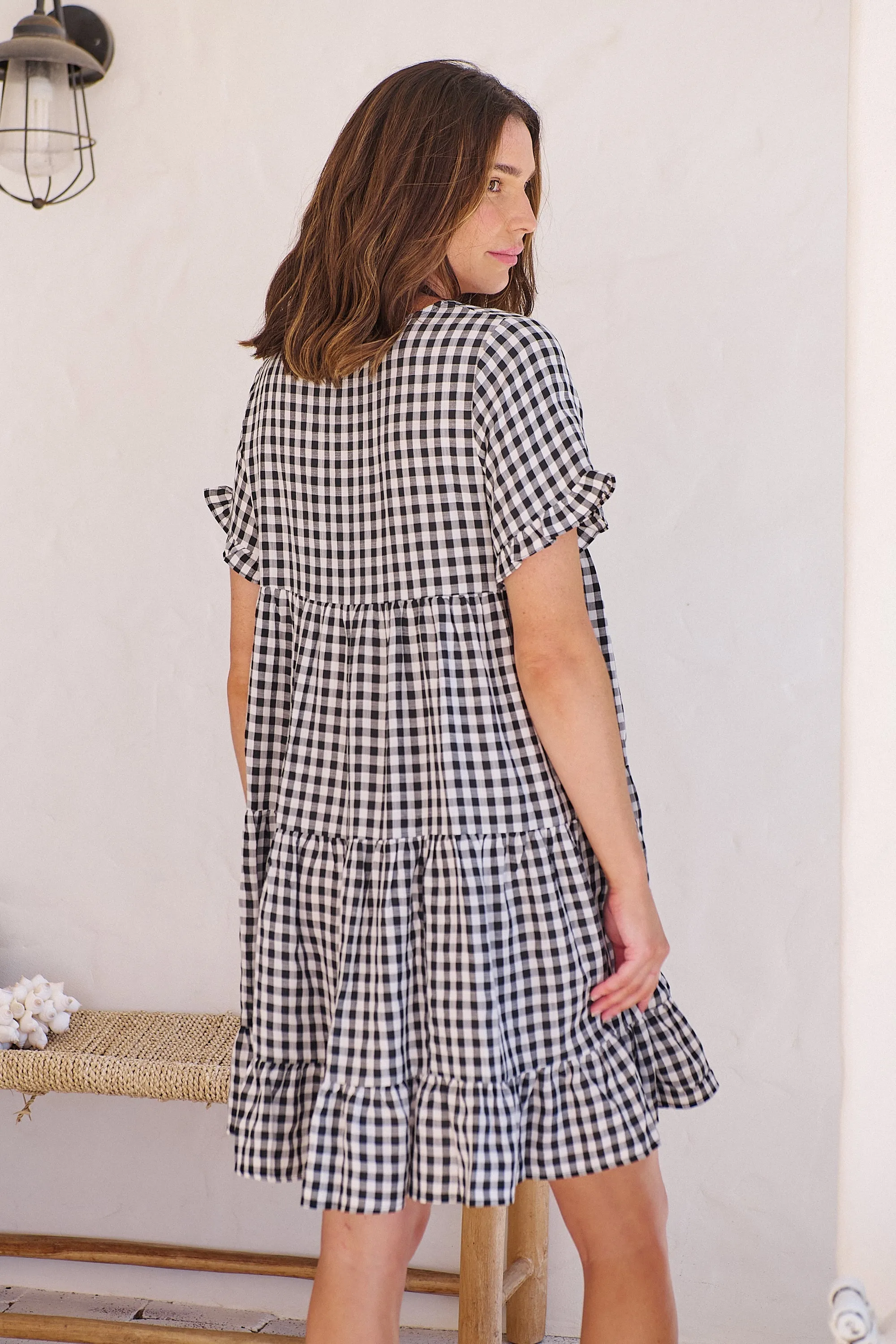 Dani White/Black Gingham Print Smock Dress