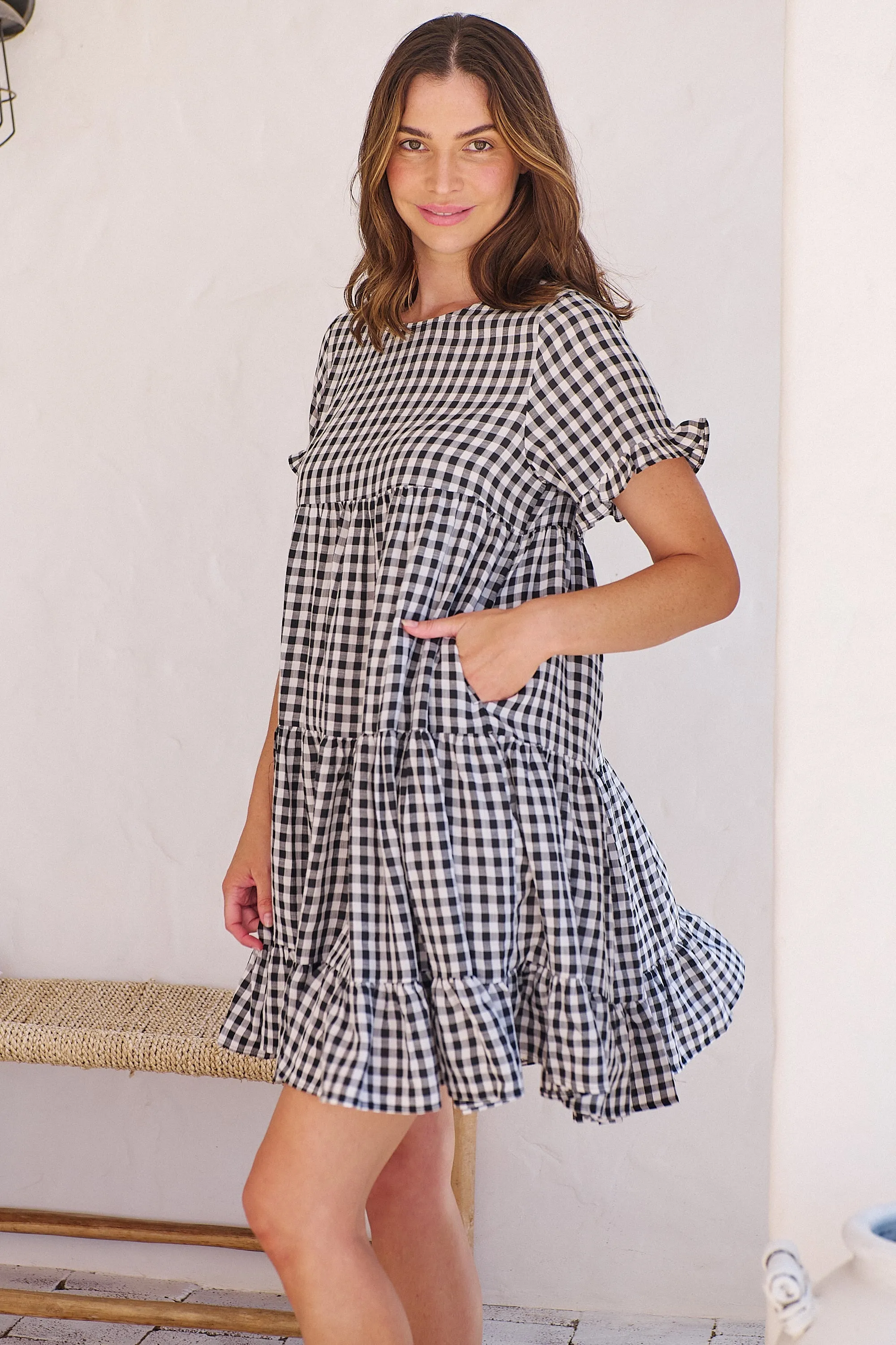 Dani White/Black Gingham Print Smock Dress