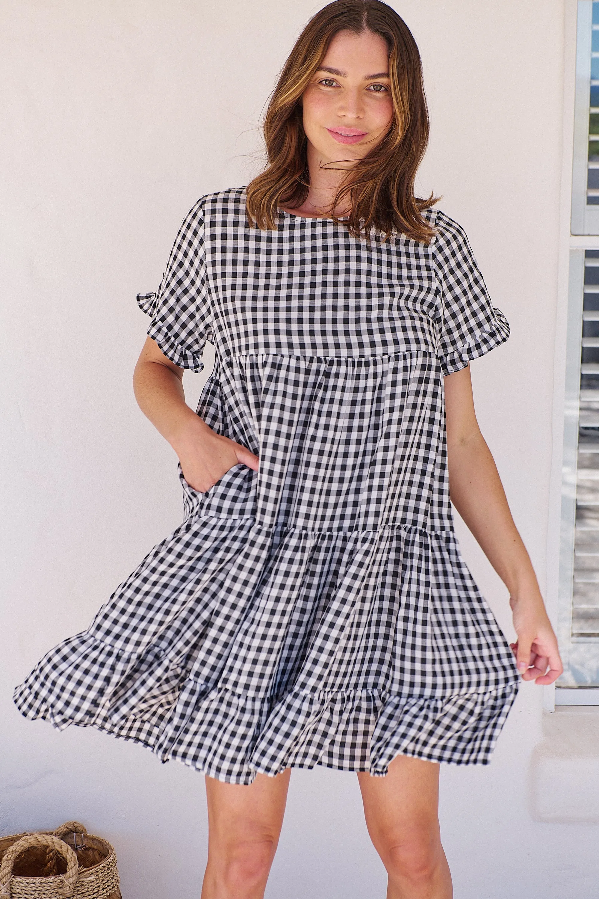 Dani White/Black Gingham Print Smock Dress