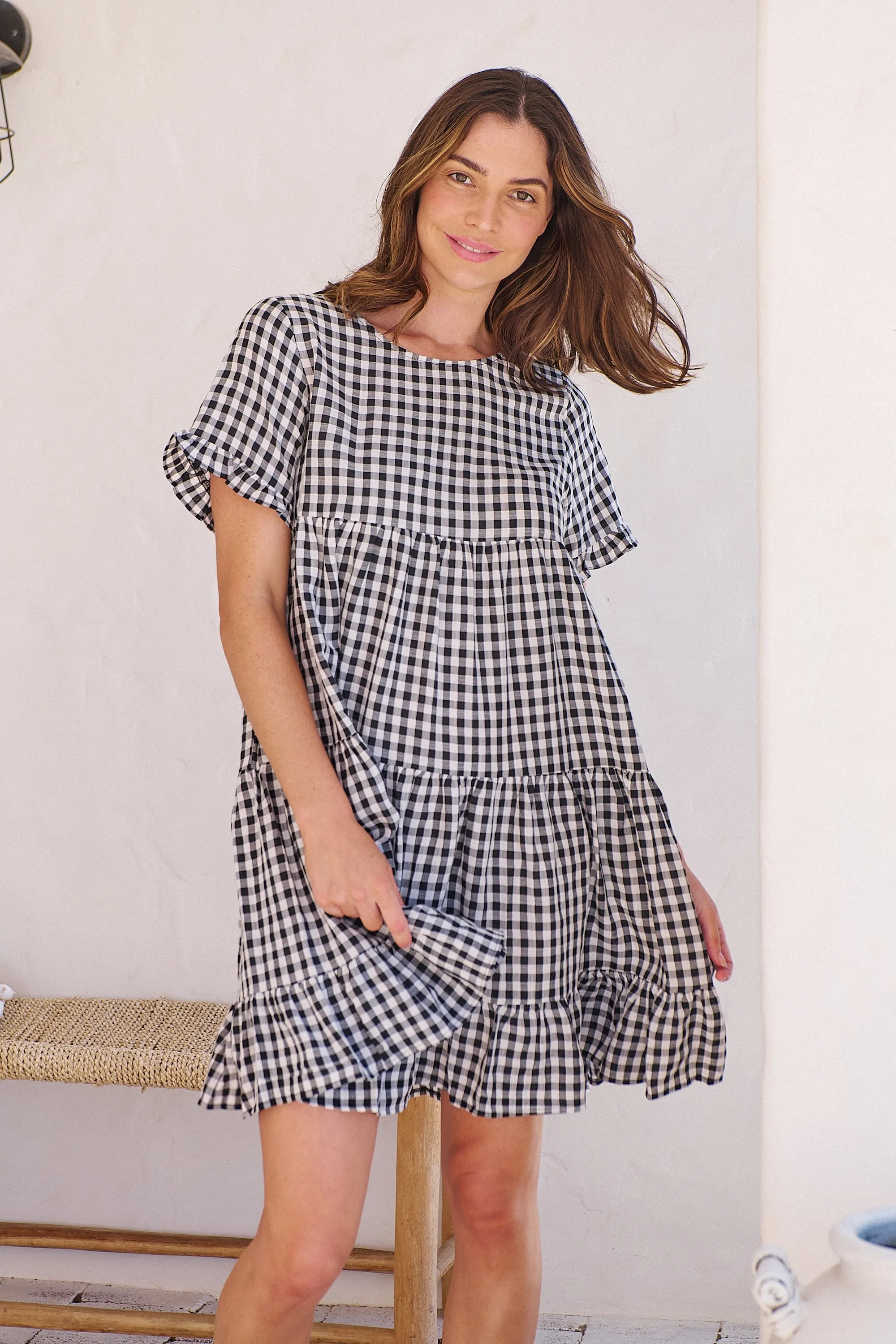 Dani White/Black Gingham Print Smock Dress