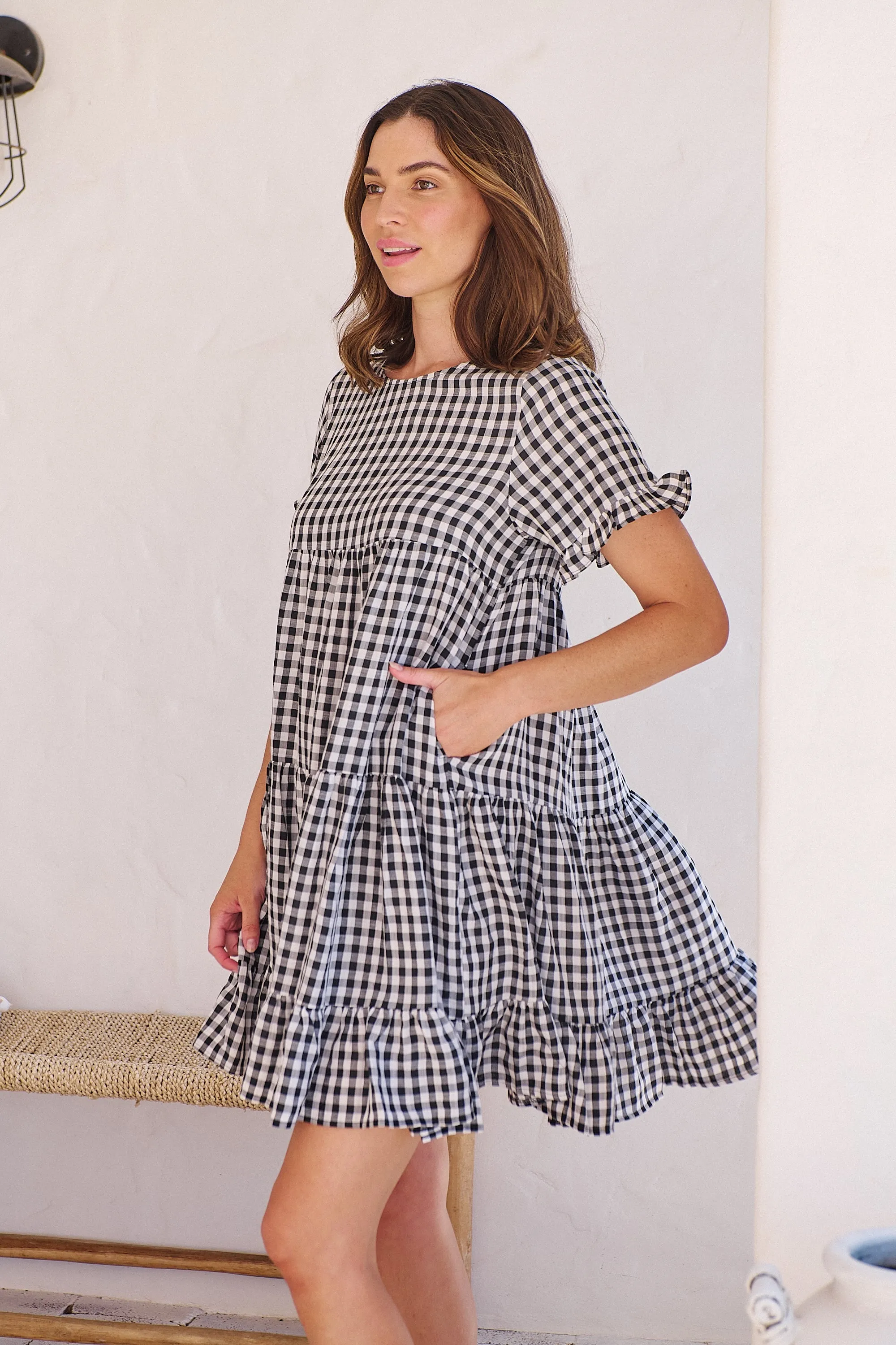 Dani White/Black Gingham Print Smock Dress