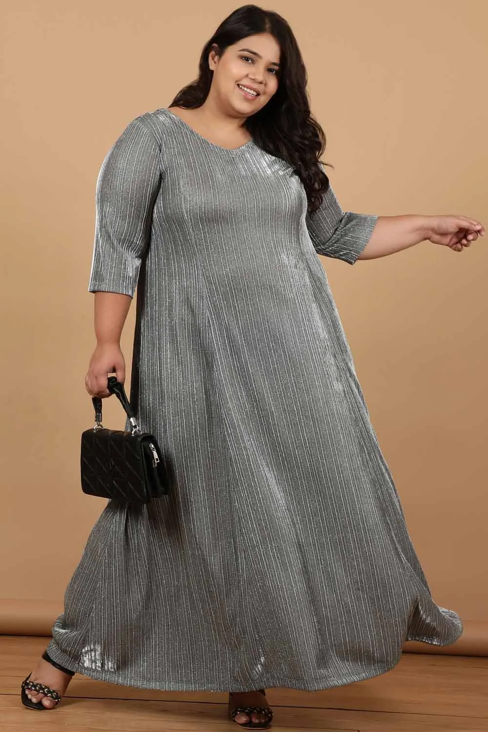 Grey Metallic Long Party Dress