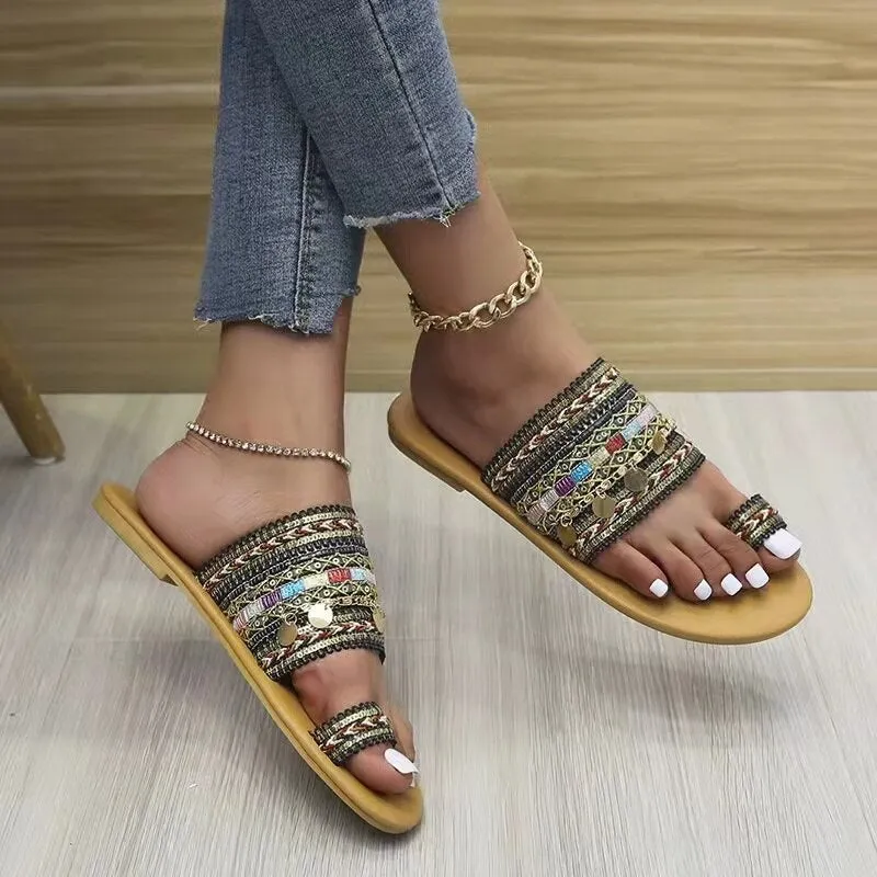 Gypsy Coin Sandals Boho Aztec Flip Flops With Toe Loops Bohemian Slippers Multi Colored Slip On Shoes With Toe Rings