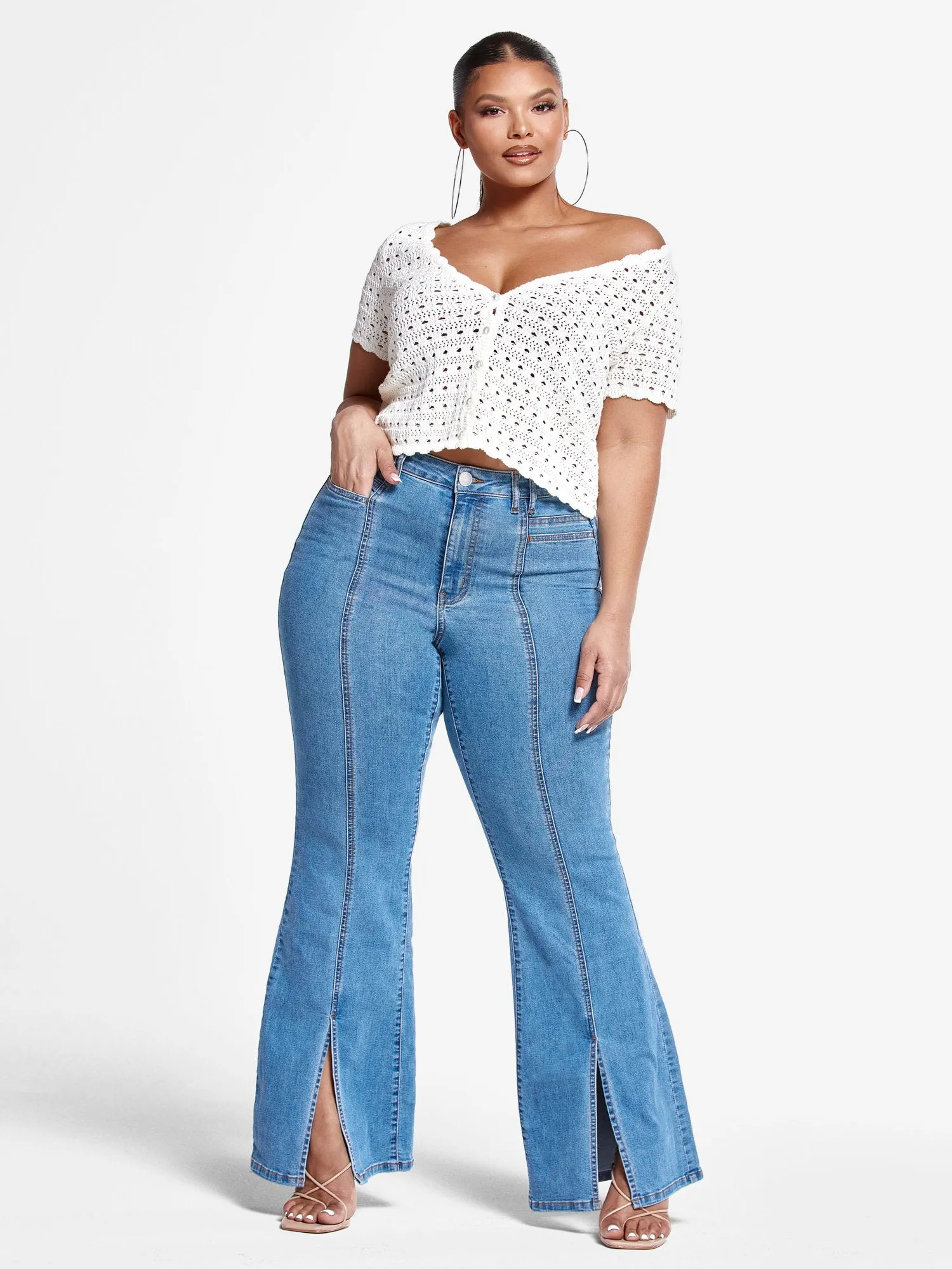 High Rise Flare Jeans with Front Slit - Tall Inseam