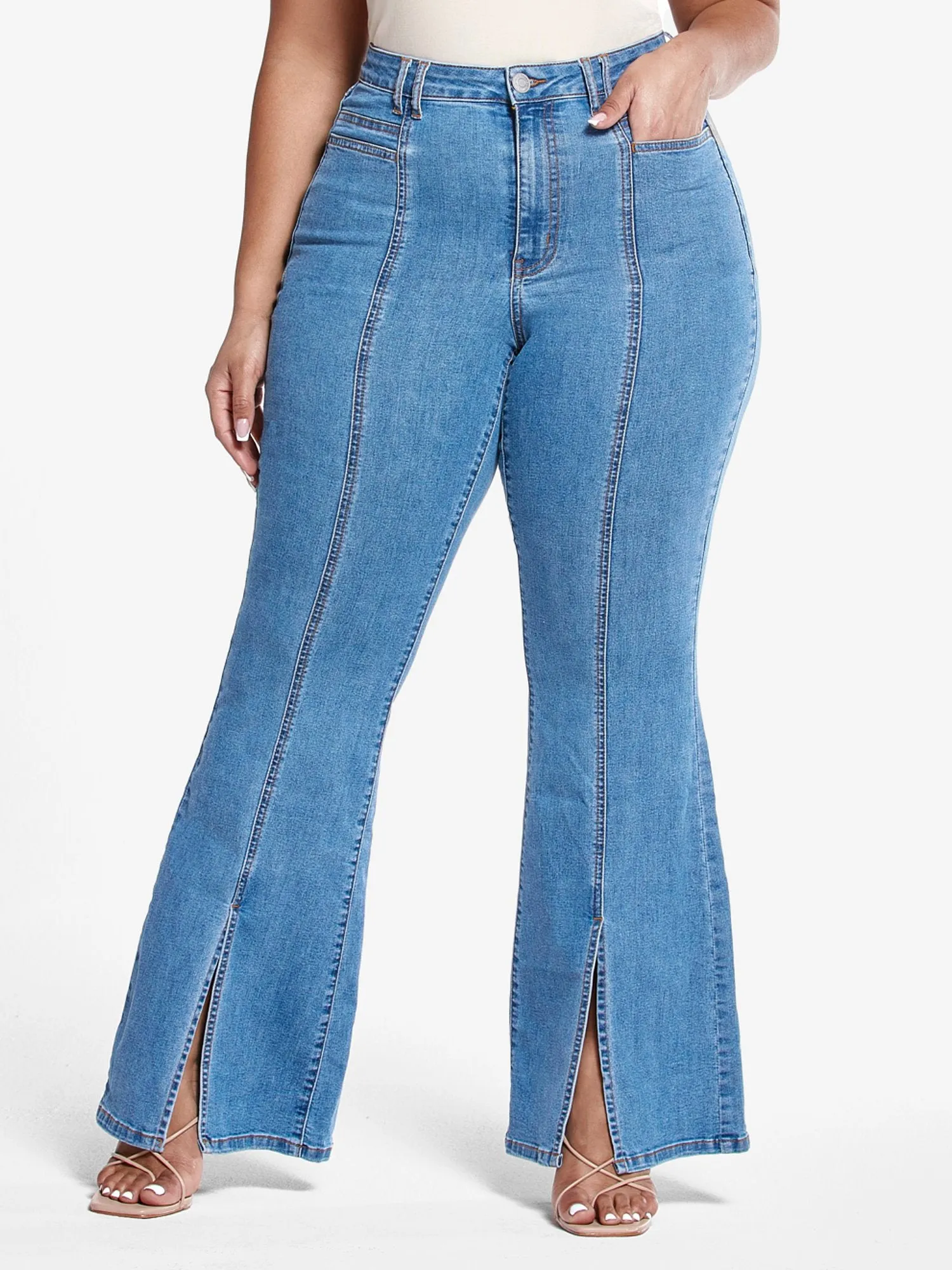 High Rise Flare Jeans with Front Slit - Tall Inseam