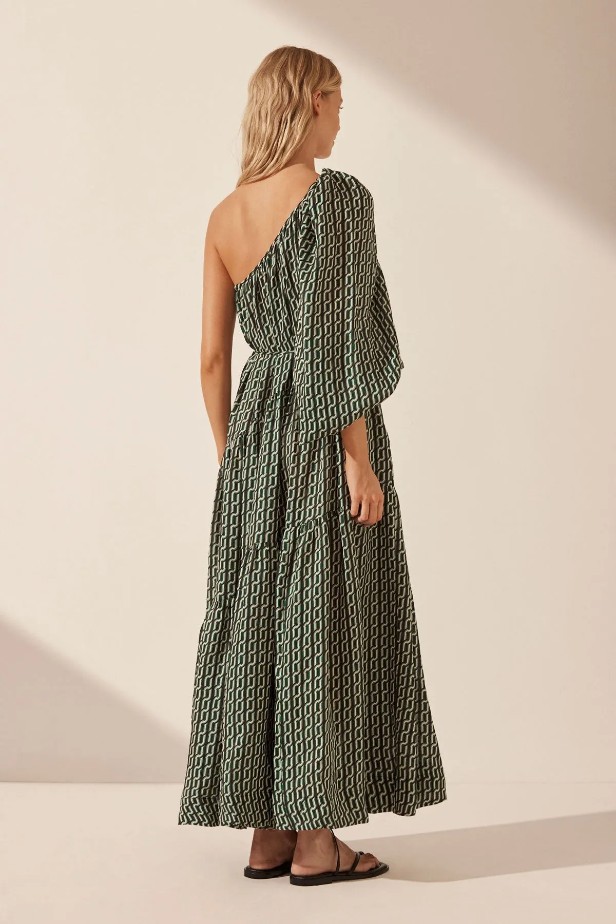 IDA LINEN LONG SLEEVE ONE SHOULDER TIERED MAXI DRESS