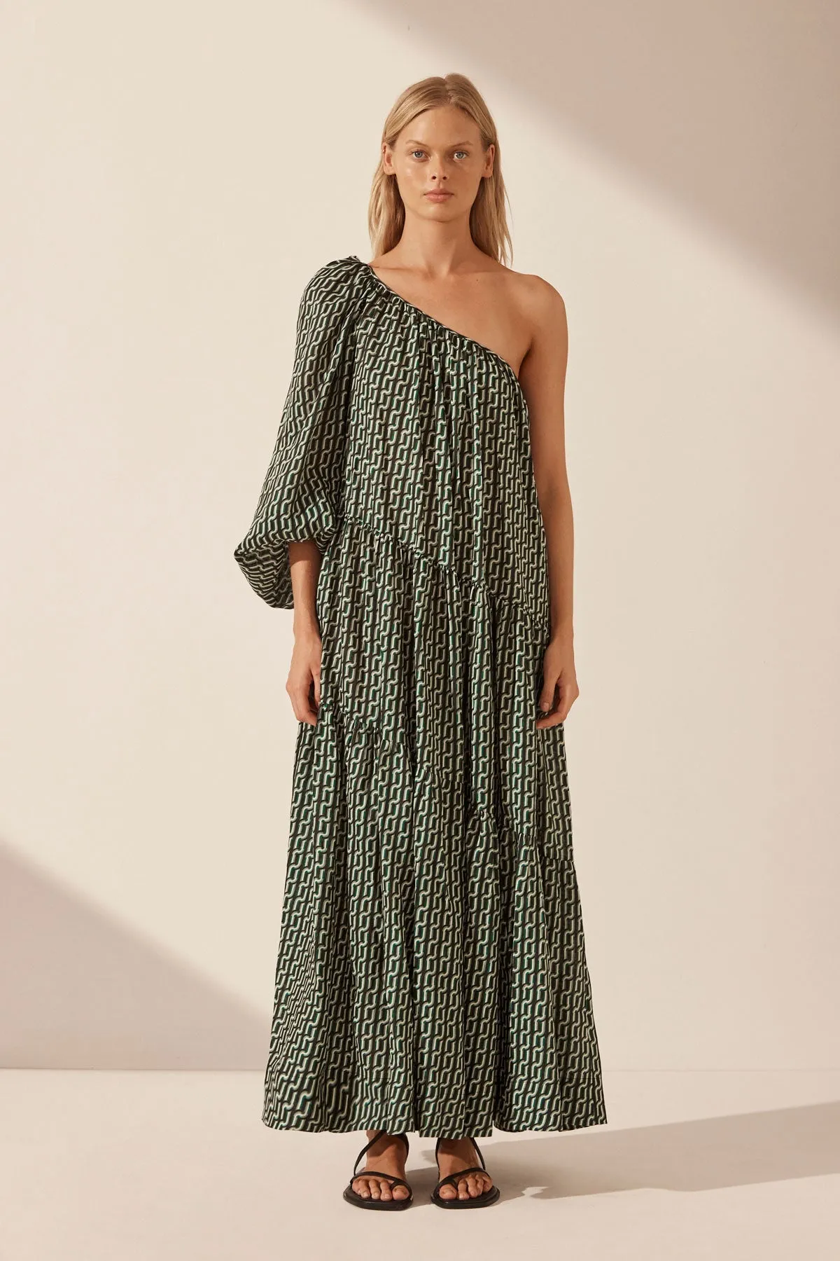 IDA LINEN LONG SLEEVE ONE SHOULDER TIERED MAXI DRESS