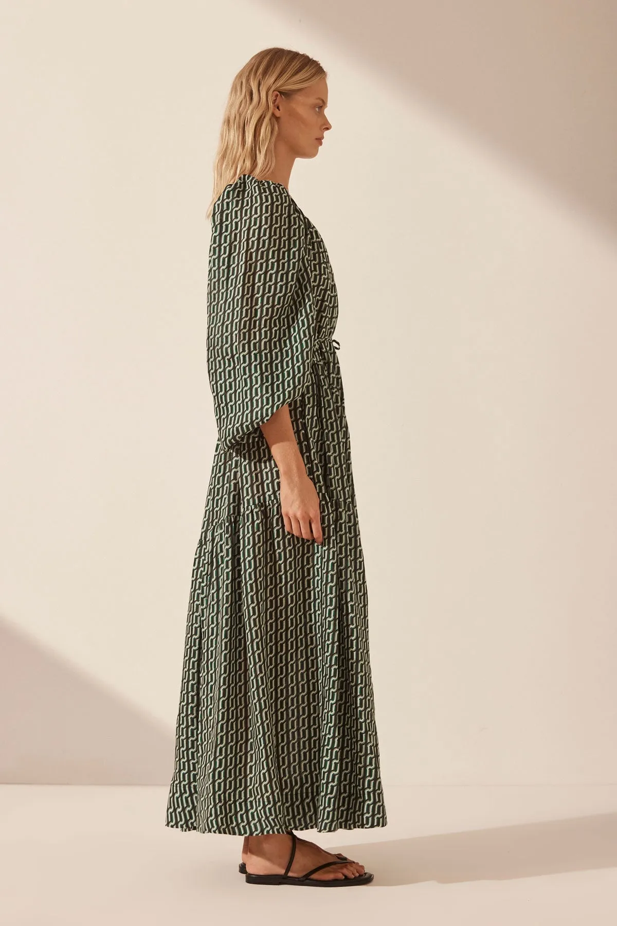 IDA LINEN LONG SLEEVE ONE SHOULDER TIERED MAXI DRESS