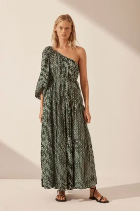 IDA LINEN LONG SLEEVE ONE SHOULDER TIERED MAXI DRESS