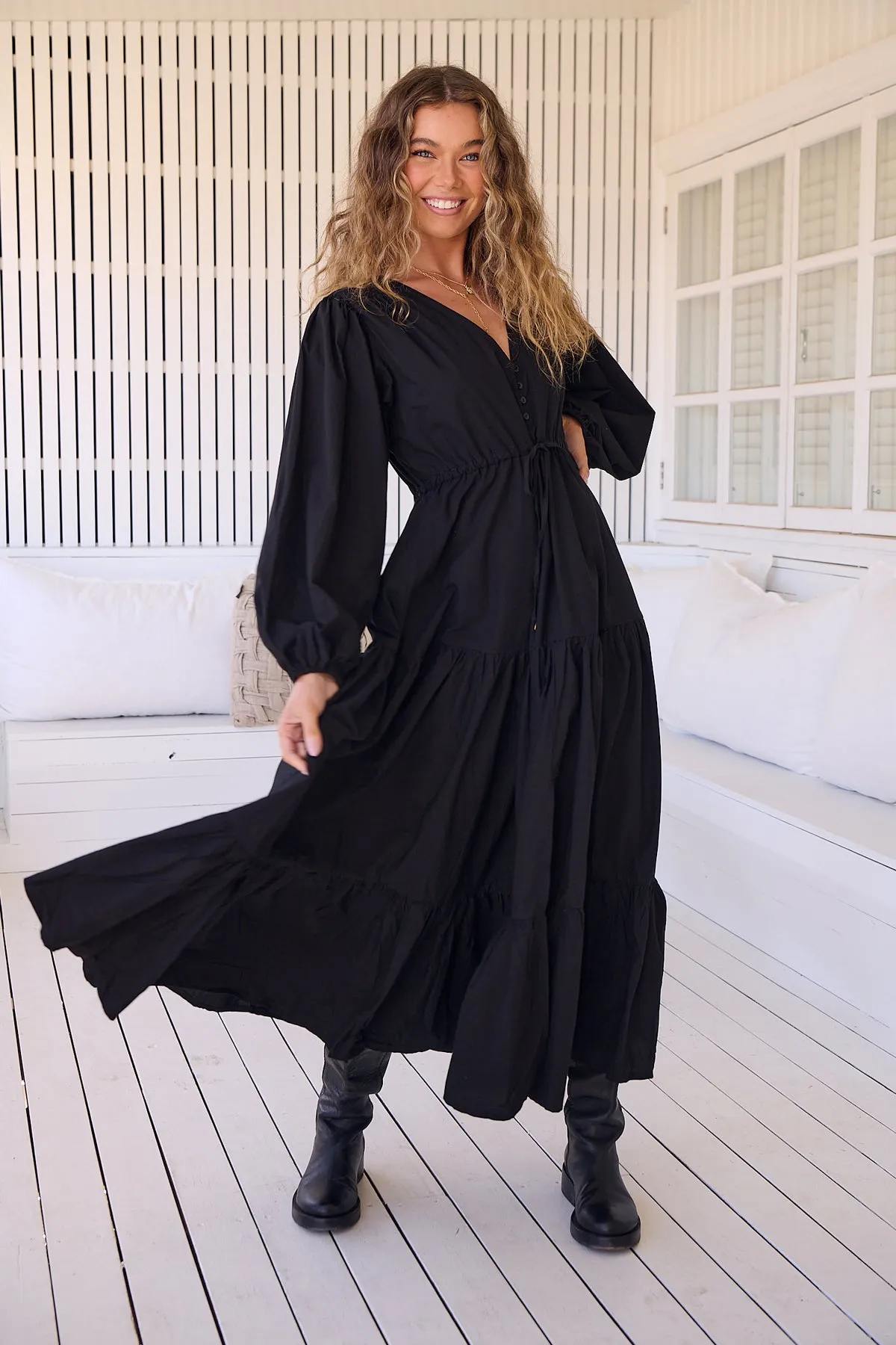 Jaase - Teresa Maxi Dress with Long Sleeve Cotton  - Onyx Collection