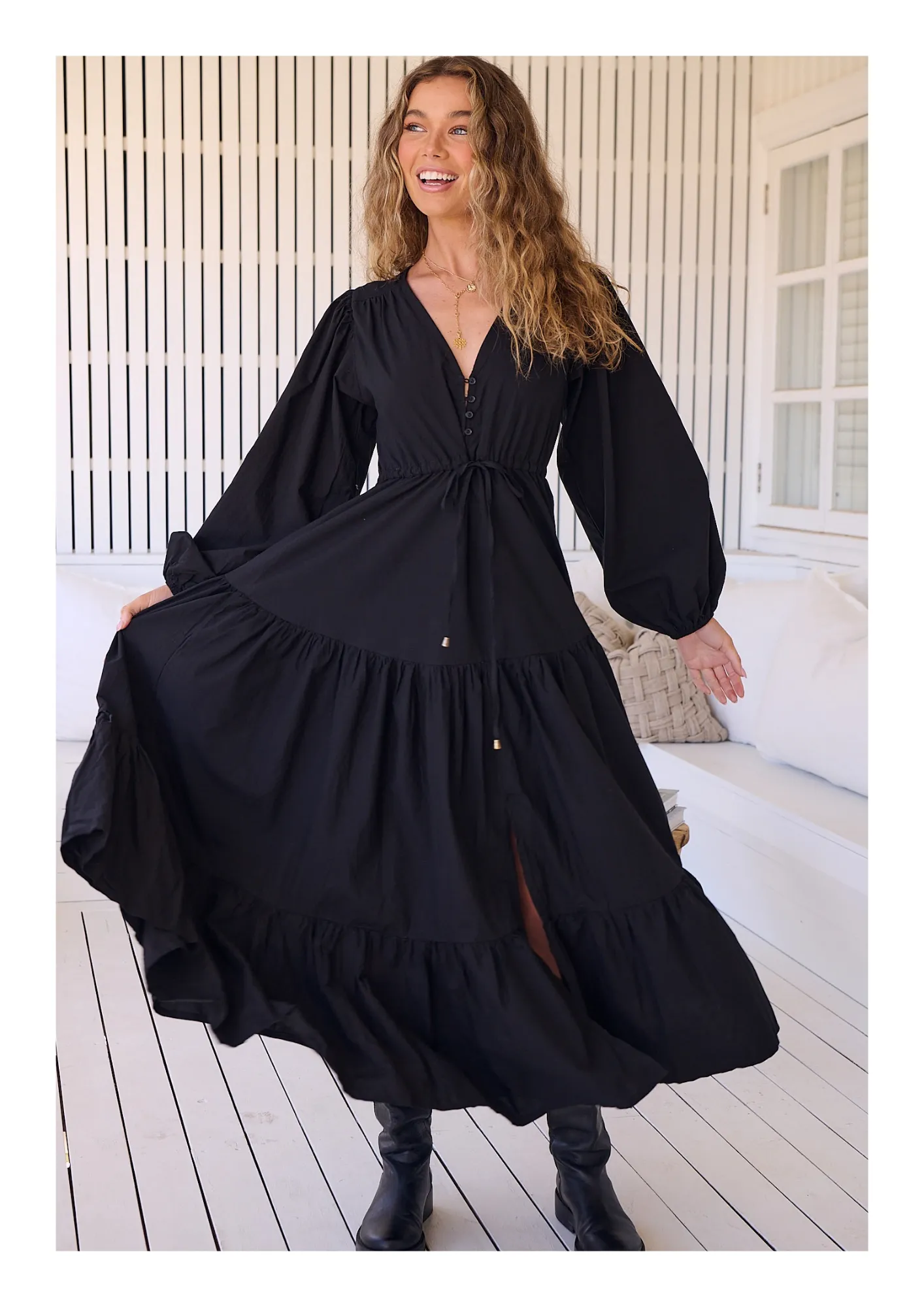 Jaase - Teresa Maxi Dress with Long Sleeve Cotton  - Onyx Collection