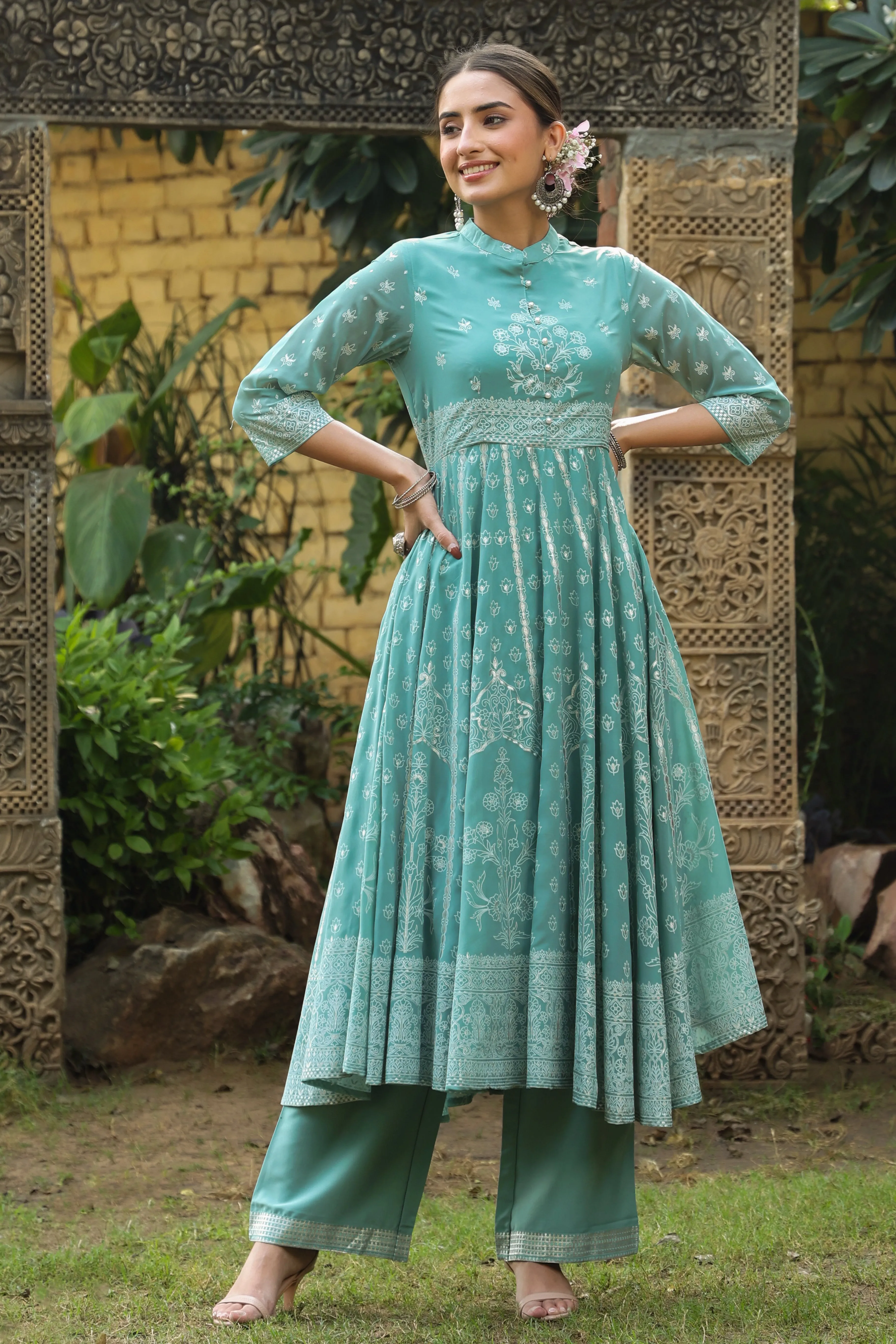 Juniper Mint Georgette Printed Anarkali Kurta With Palazzo