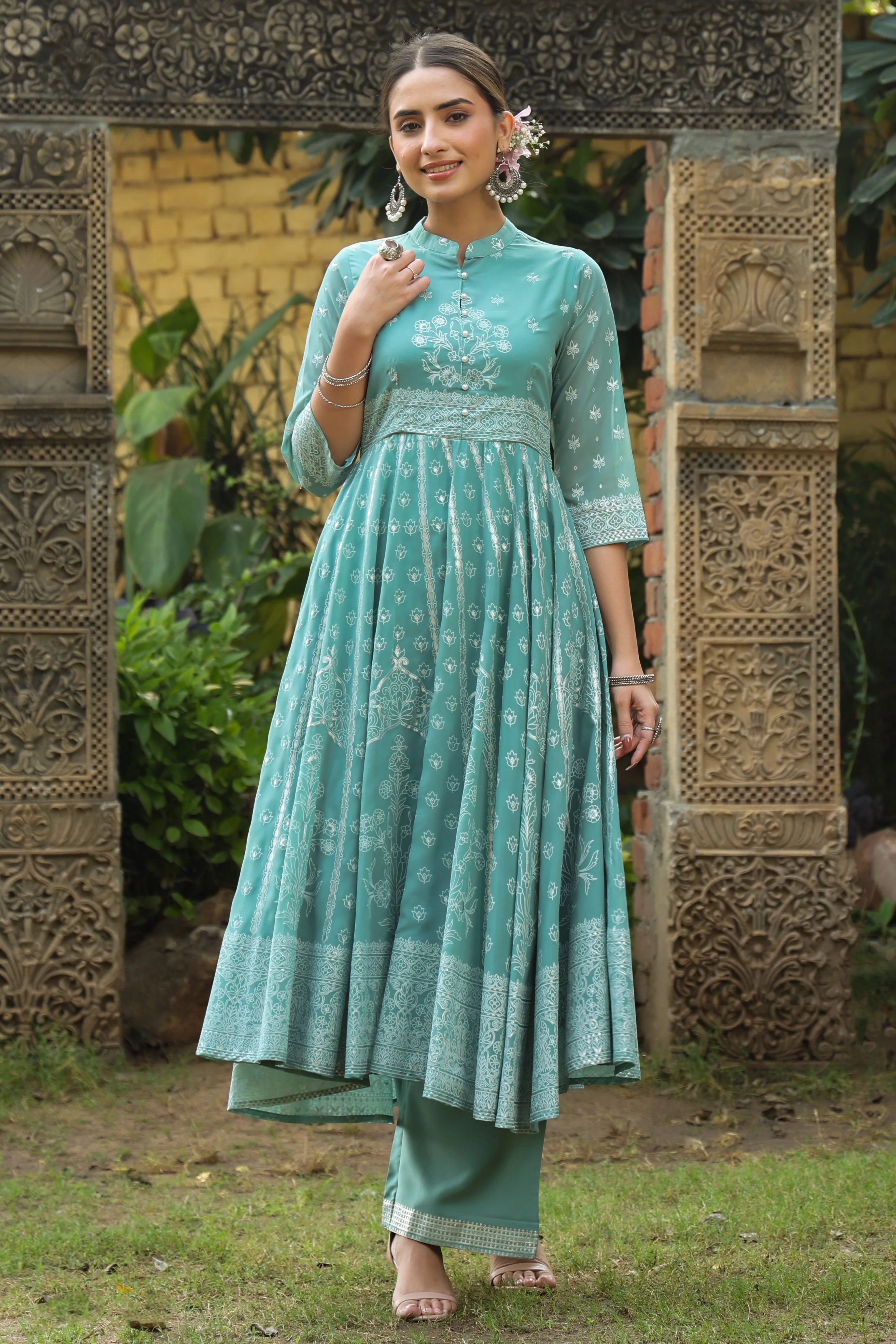 Juniper Mint Georgette Printed Anarkali Kurta With Palazzo