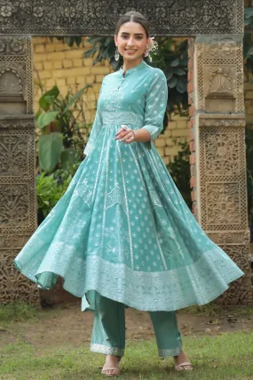 Juniper Mint Georgette Printed Anarkali Kurta With Palazzo