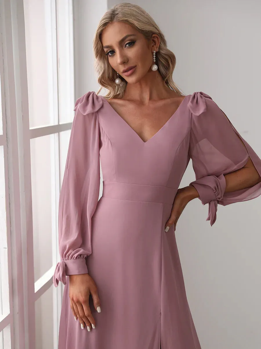 Long Lantern Sleeves A Line V Neck Bridesmaid Dresses