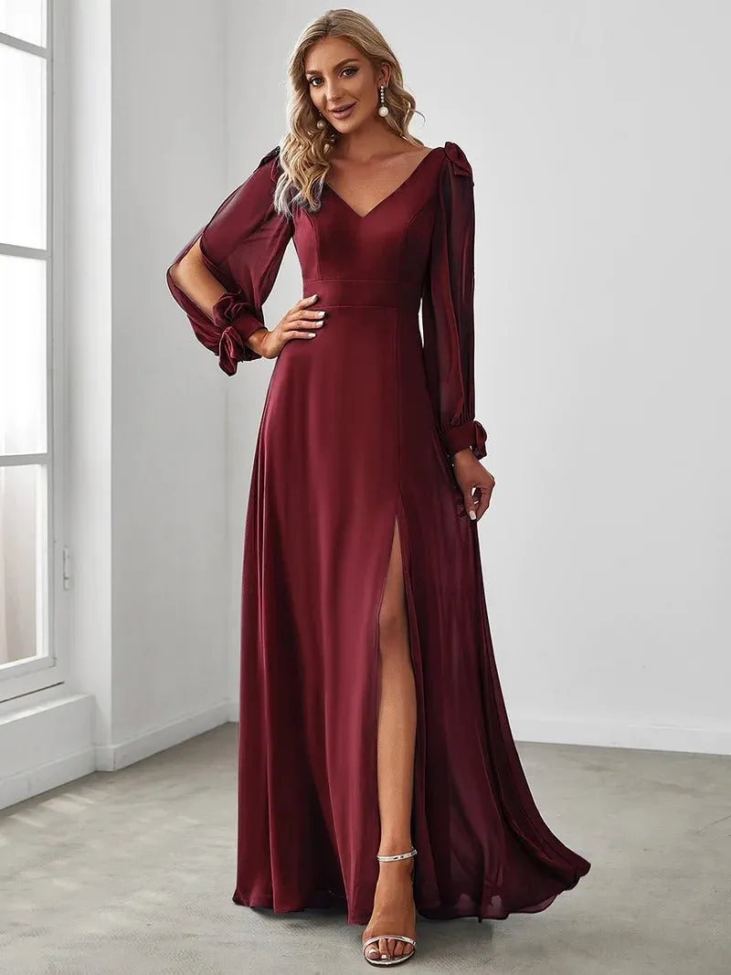 Long Lantern Sleeves A Line V Neck Bridesmaid Dresses