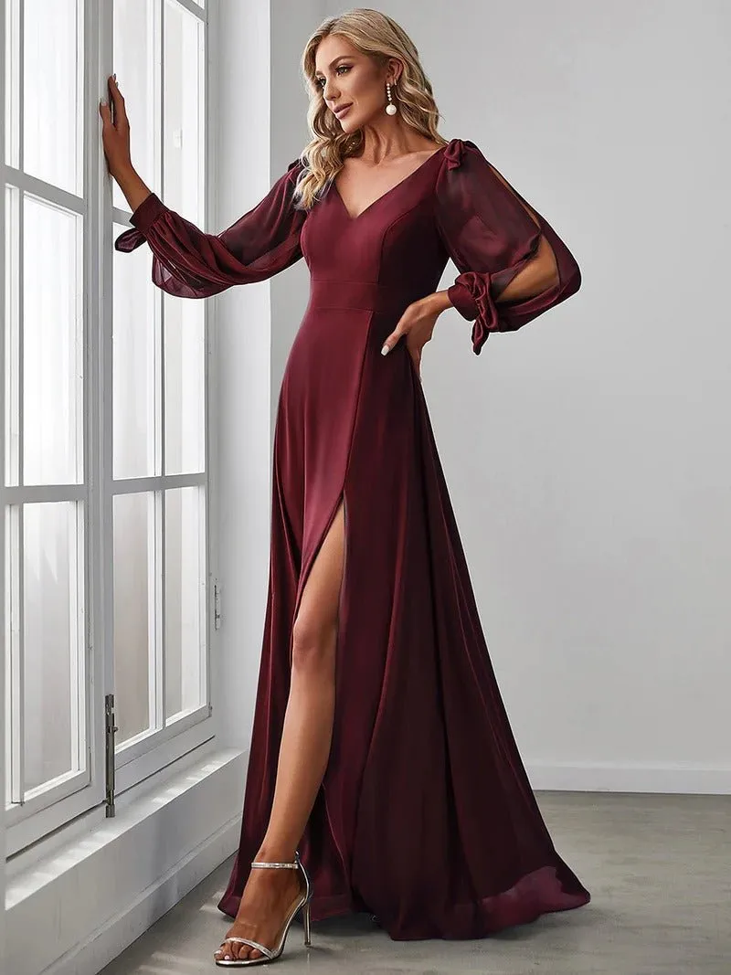 Long Lantern Sleeves A Line V Neck Bridesmaid Dresses