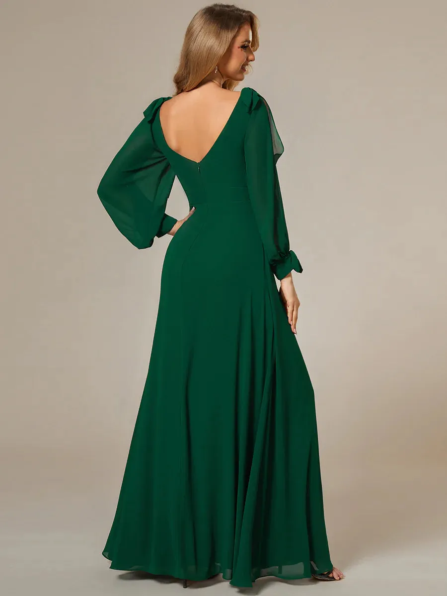 Long Lantern Sleeves A Line V Neck Bridesmaid Dresses