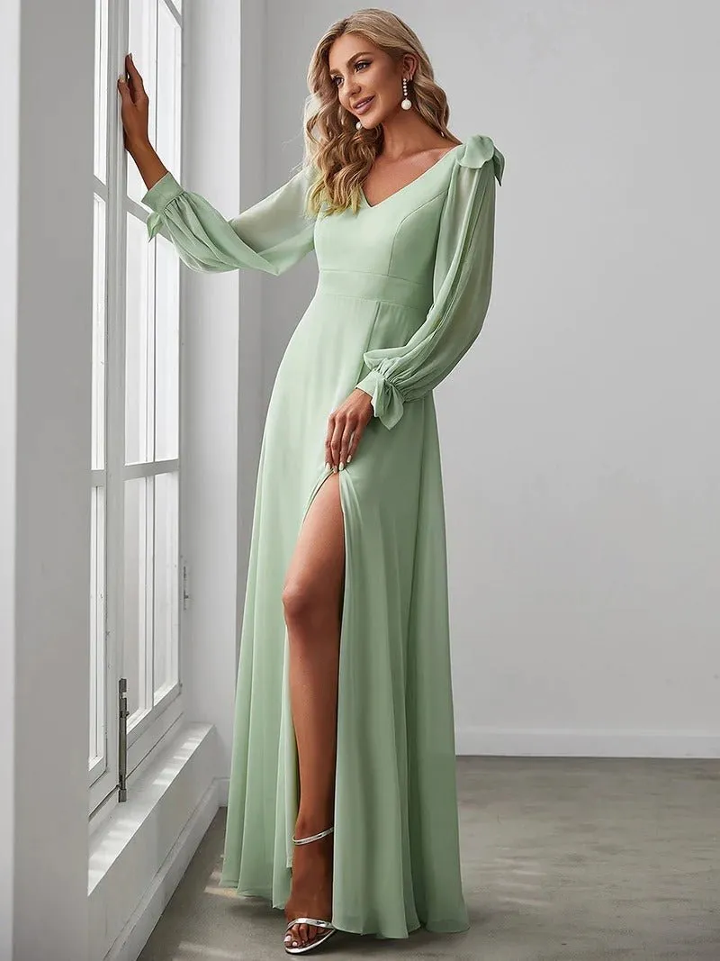 Long Lantern Sleeves A Line V Neck Bridesmaid Dresses