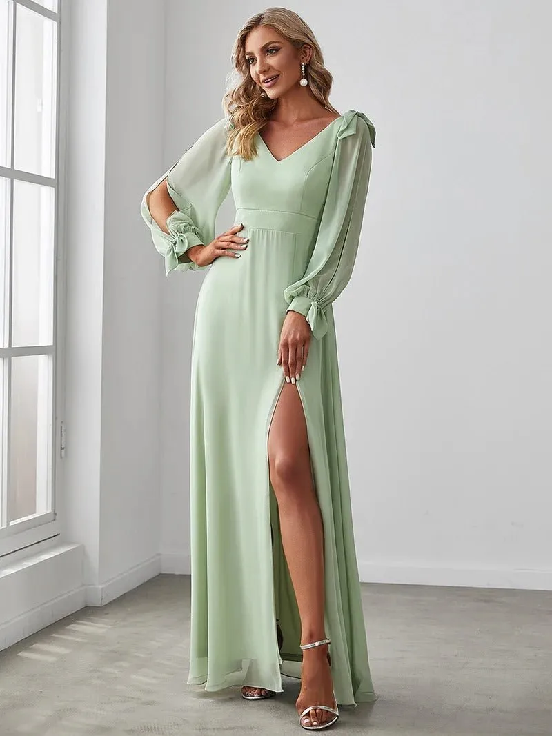 Long Lantern Sleeves A Line V Neck Bridesmaid Dresses