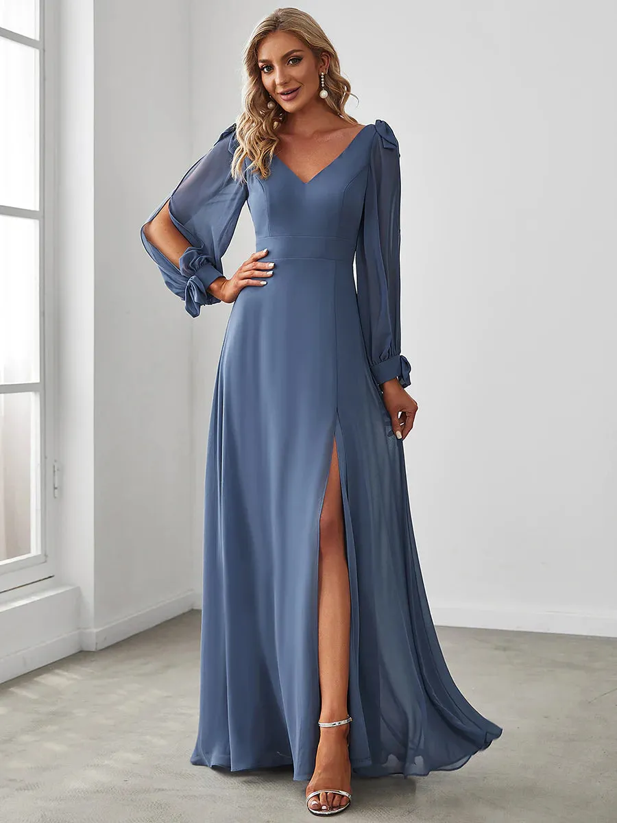 Long Lantern Sleeves A Line V Neck Bridesmaid Dresses