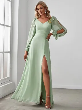 Long Lantern Sleeves A Line V Neck Bridesmaid Dresses