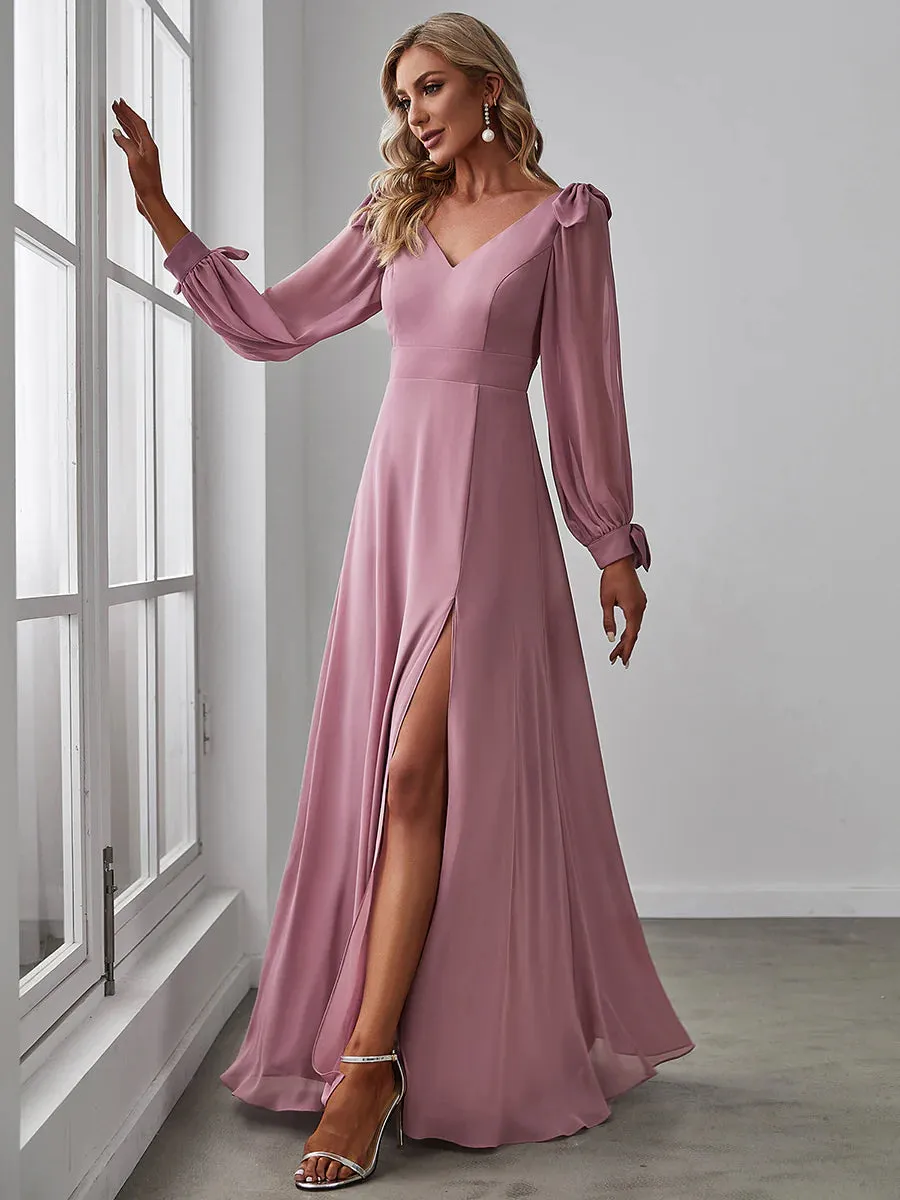 Long Lantern Sleeves A Line V Neck Bridesmaid Dresses