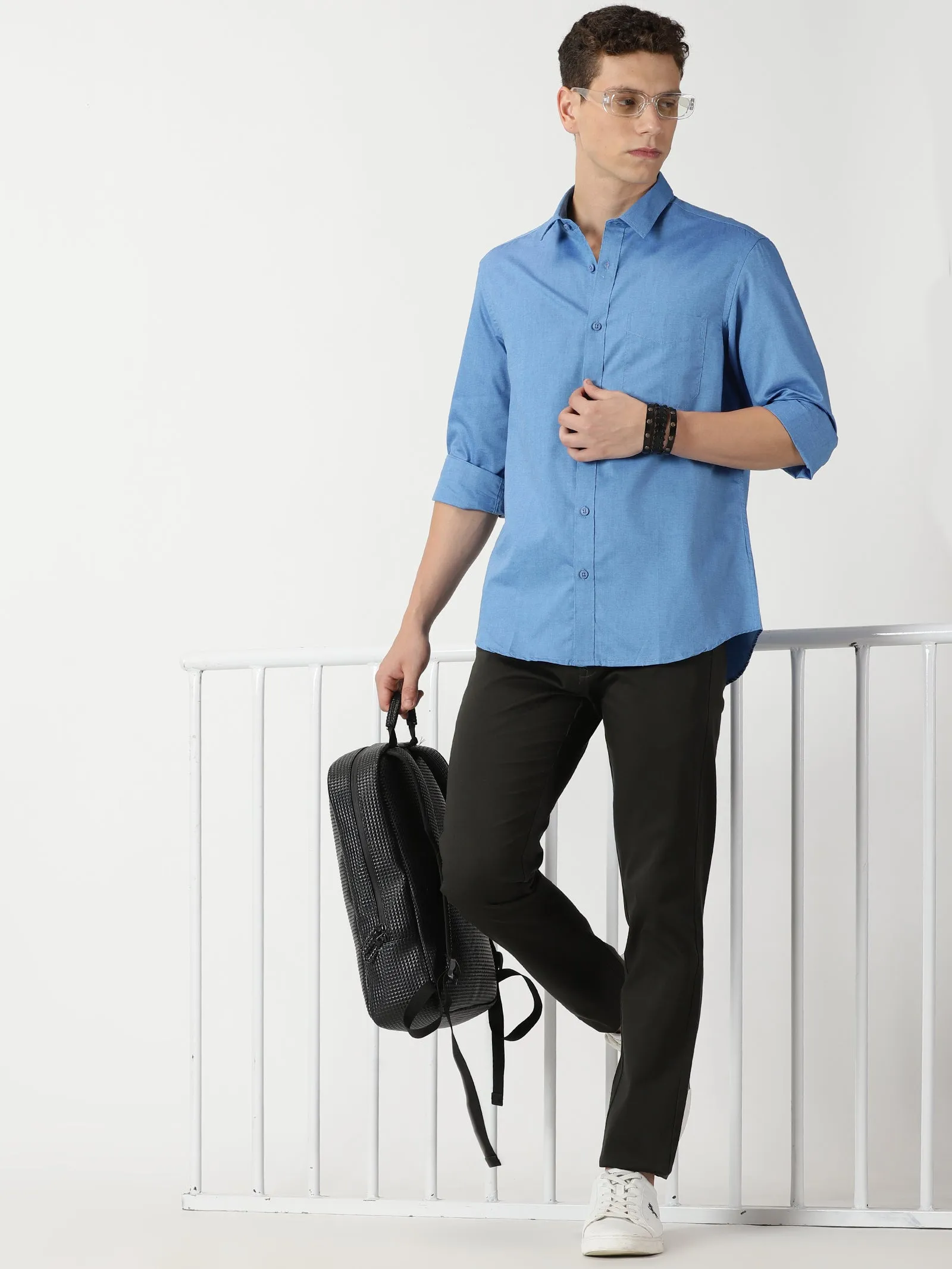 MEN'S  BLUE PLAIN SLIM FIT SHIRT