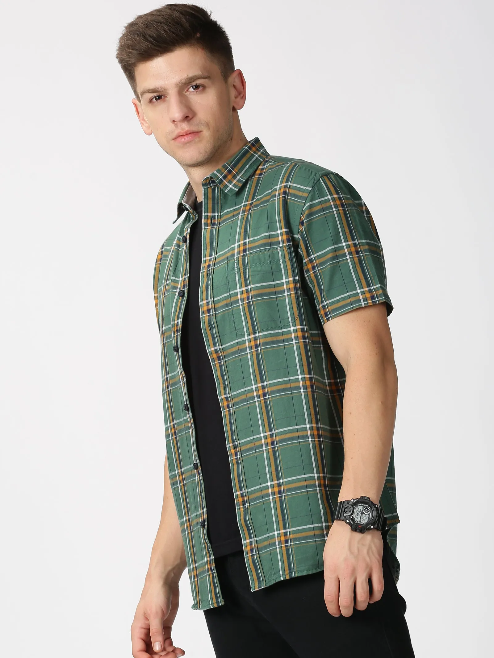 MEN'S GREEN CHECKS SLIM FIT SHIRT