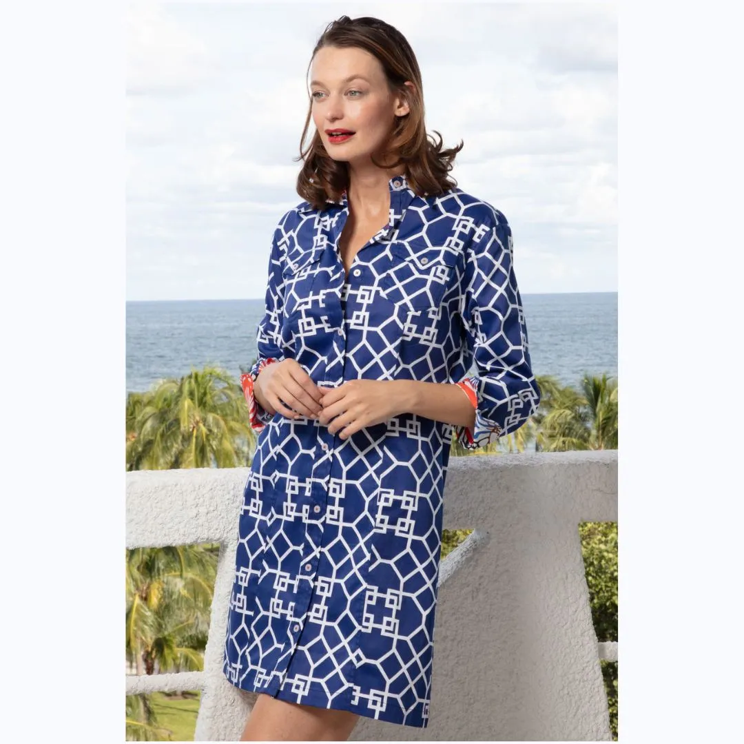 Navy & White Geometric Print Shirt Dress