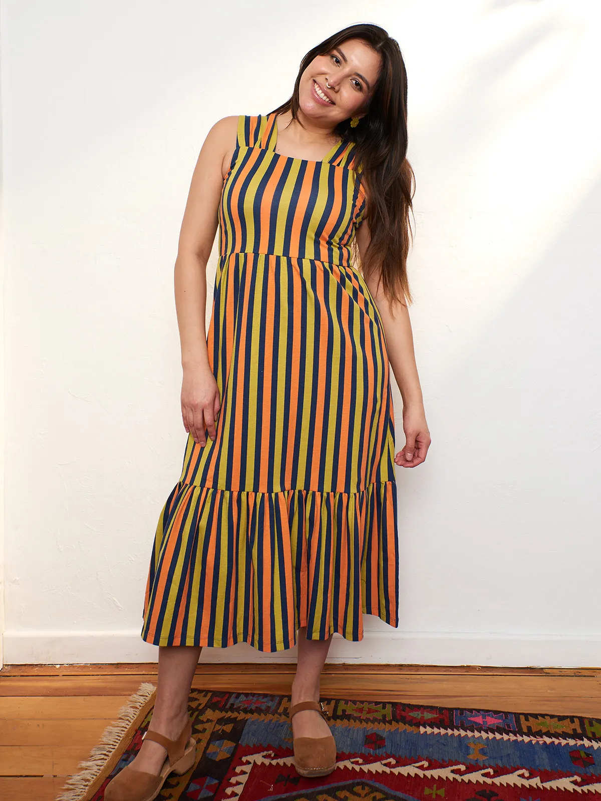 Opal Dress - Navy Chartreuse Stripe