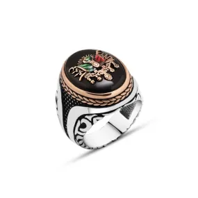 Ottoman Empire Coat of Arms on Black Ellipse Onyx Stone Silver Men's Ring with Braid Style Around