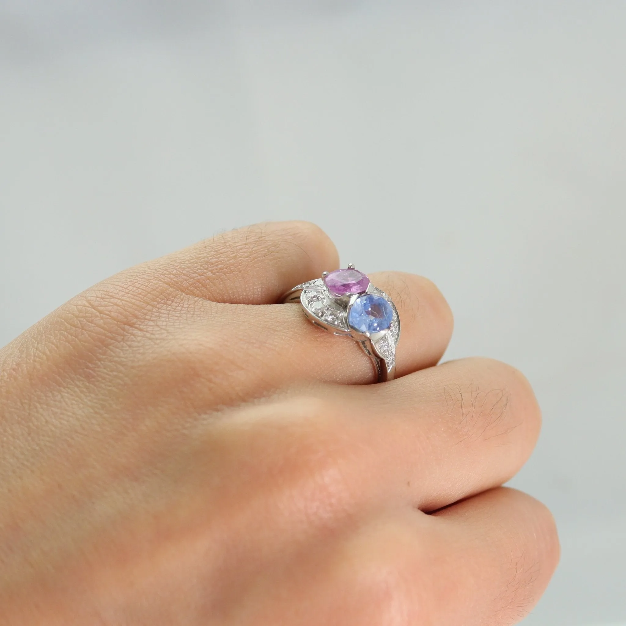 Pink and Blue Sapphire Two Stone Crossover Ring