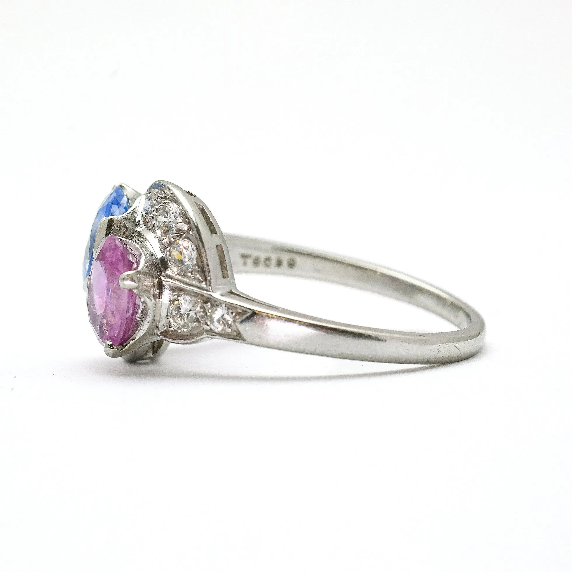 Pink and Blue Sapphire Two Stone Crossover Ring