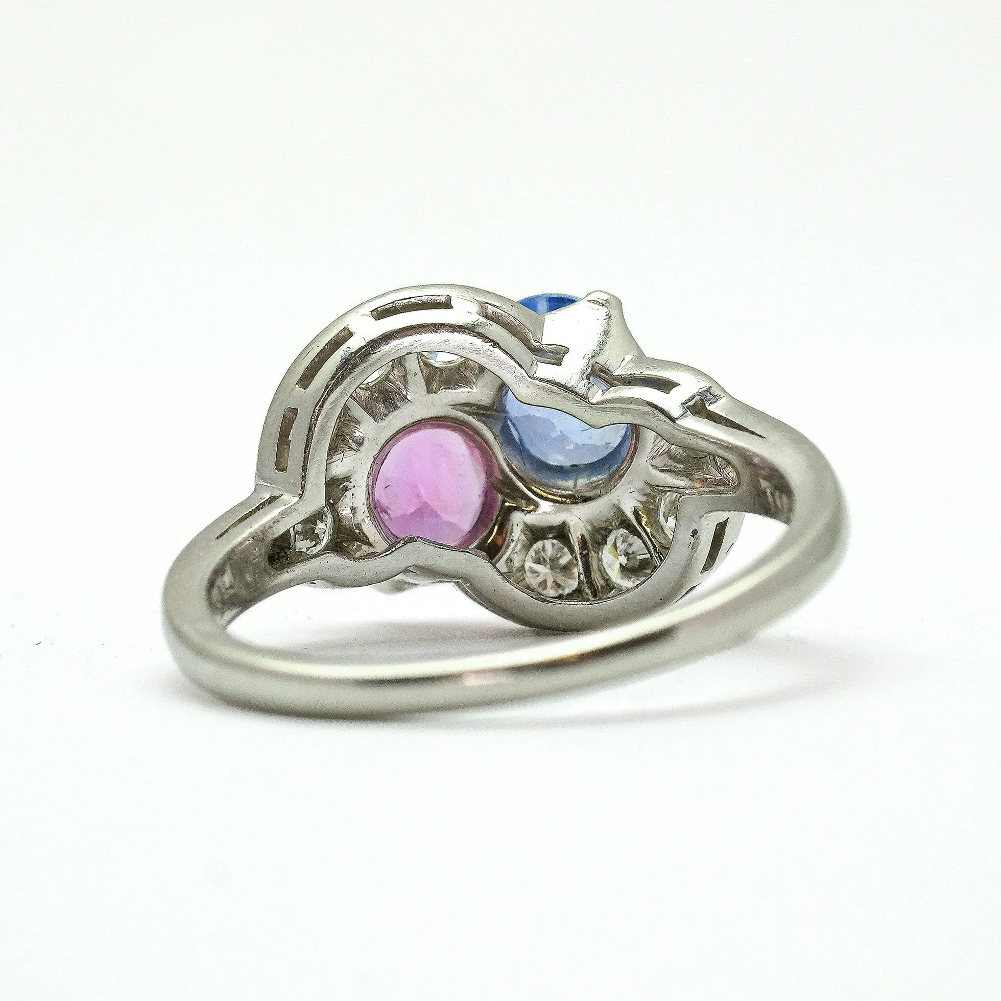 Pink and Blue Sapphire Two Stone Crossover Ring