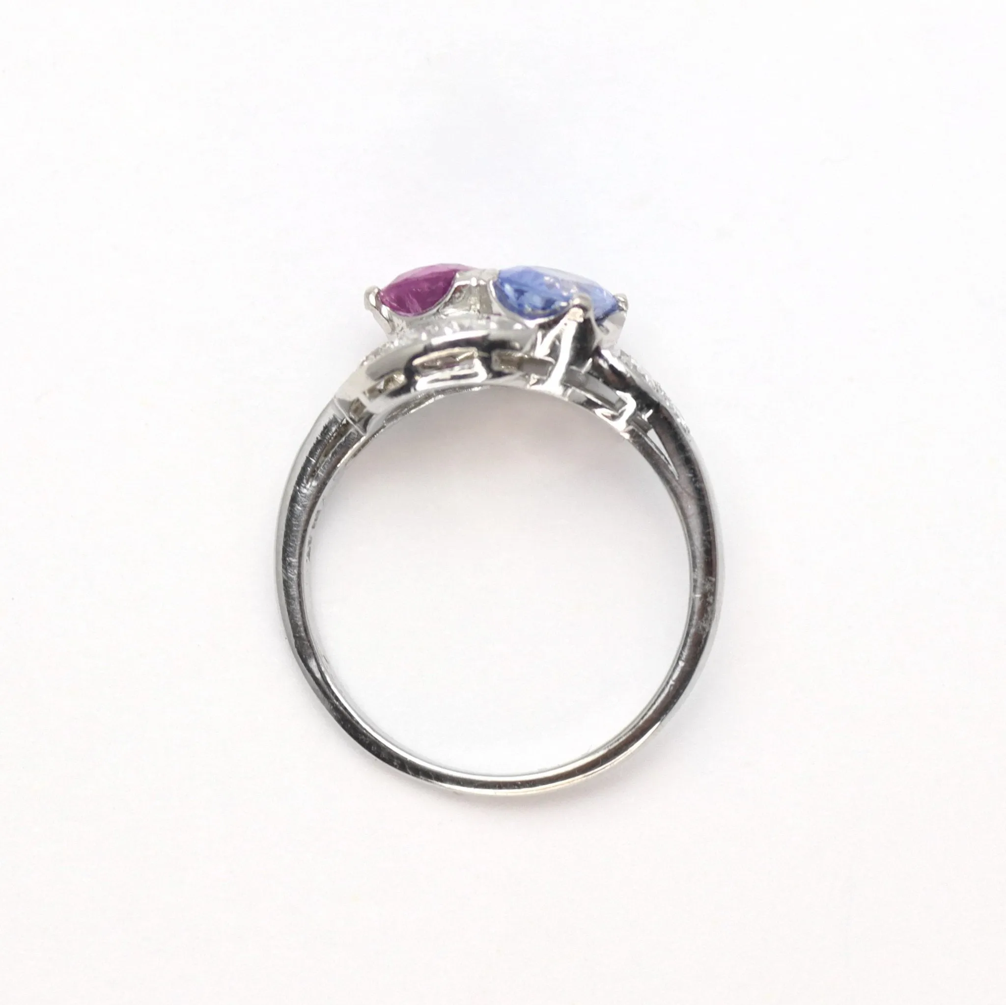 Pink and Blue Sapphire Two Stone Crossover Ring