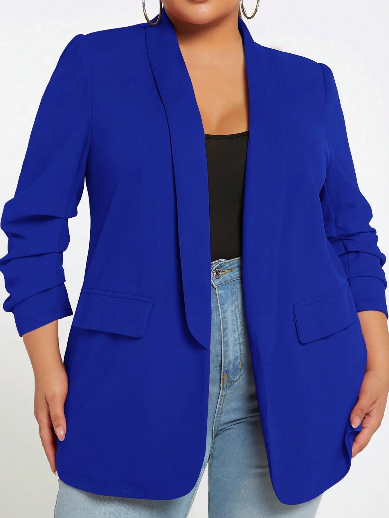 Plus Ruched Sleeve Open Front Blazer Coat