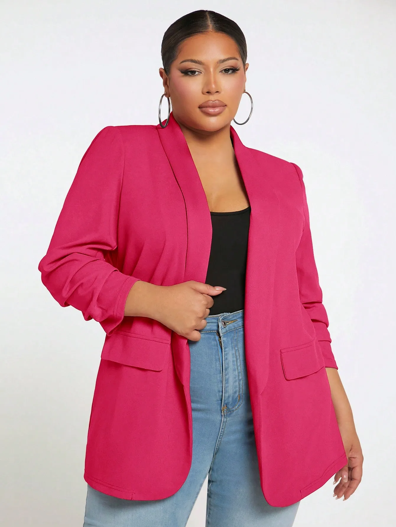 Plus Ruched Sleeve Open Front Blazer Coat