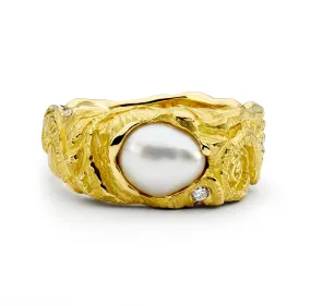 Yellow Gold Keshi Pearl and Diamond Ring